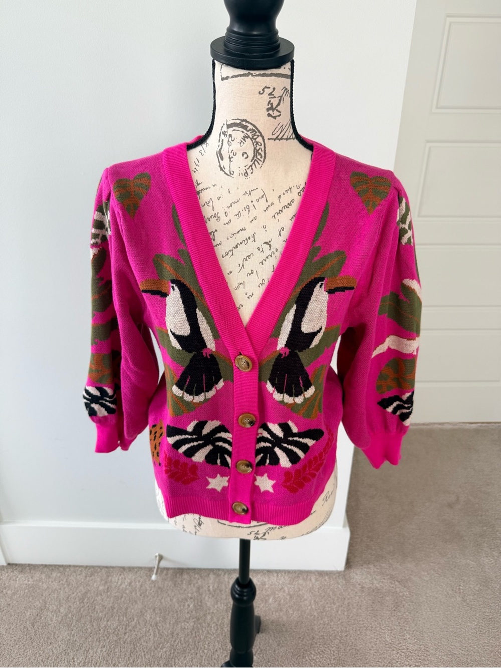 FARM Rio Tropical Toucan Print Cardigan Sweater Size M